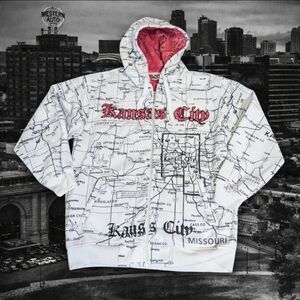 vtg Y2K Beyond The Limit White Kansas City Map Fleece Jacket Hoodie Sz XXL
